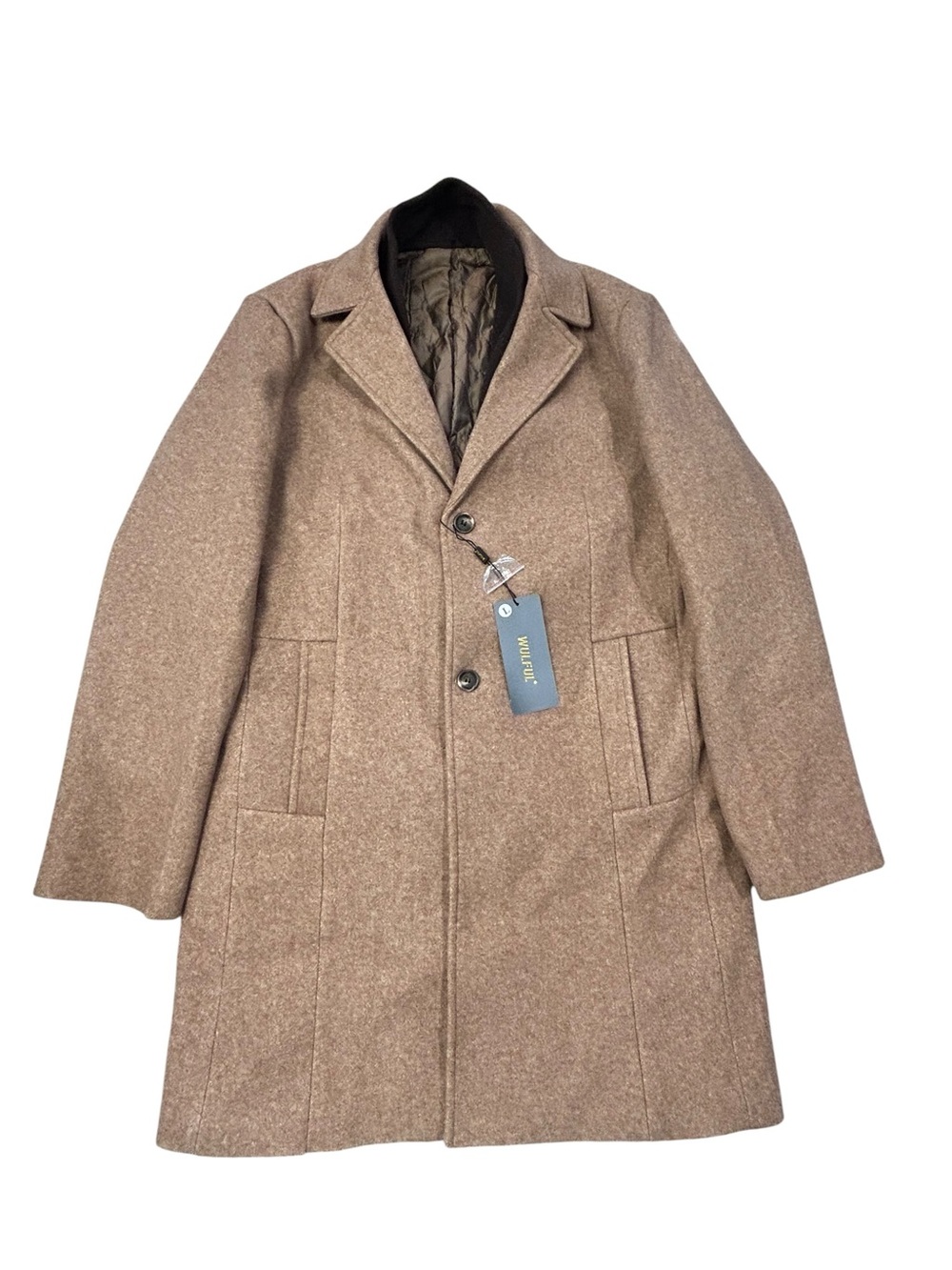 Wulful Wool Blend Overcoat Men’s Detachable Scarf Large‎ Casual Brown Winter
